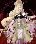  1girl black_background blonde_hair blood blood_on_clothes butterfly_hair_ornament celine_(fire_emblem) closed_eyes corset crown dress fire_emblem fire_emblem_engage hair_ornament highres long_hair looking_to_the_side love_so_sweetst open_mouth ribbon smile solo very_long_hair wavy_hair 