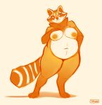  2023 anthro areola belly blue_eyes breasts female hi_res mammal navel nipples nude overweight overweight_anthro overweight_female procyonid raccoon signature smile solo standing tenynn whiskers 