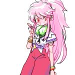 1girl arche_klein bracelet closed_mouth elbow_gloves gloves highres jewelry long_hair looking_at_viewer pants pink_eyes pink_hair pink_pants ponytail simple_background solo tales_of_(series) tales_of_phantasia umix0207 white_background wide_ponytail 