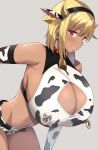  1girl animal_ears animal_print bare_shoulders bell blonde_hair breasts cleavage cleavage_cutout clothing_cutout collar cow_ears cow_horns cow_print dark-skinned_female dark_skin detached_sleeves fake_animal_ears grey_background highres horns huge_breasts kloah medium_hair mole mole_on_breast navel neck_bell nipple_piercing original piercing red_collar shinokami_xatiii short_shorts shorts yellow_horns 