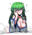  1girl bare_shoulders blue_eyes bottomless breasts cleavage closed_mouth collarbone detached_sleeves drunk formicid frog frog_hair_ornament green_hair hair_between_eyes hair_ornament hair_tubes hand_on_own_chest hand_on_own_face hands_up huge_breasts jaggy_lines kochiya_sanae long_hair looking_at_viewer lying oekaki on_stomach peeking_through_fingers shirt single_hair_tube smile snake snake_hair_ornament solo touhou very_long_hair wide_sleeves 