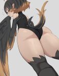  1girl absurdres ahoge ass bare_shoulders bird_legs black_hair black_leotard black_wings brown_eyes brown_feathers brown_hair commentary english_commentary feathered_wings feathers from_below grey_background harpy highres leotard looking_at_viewer monster_girl multicolored_hair original pointy_ears simple_background sleeveless_turtleneck_leotard smug solo sparkle tail thus0thus two-tone_hair two-tone_wings winged_arms wings 