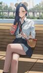  animal_ears asymmetrical_bangs bare_legs blue_hair blurry blurry_background blush churro collarbone crossed_legs dark_blue_hair disneyland ear_blush fake_animal_ears feet_out_of_frame food food_on_face hara_kenshi heart-shaped_bag highres kirishima_touka long_hair looking_at_viewer loose_necktie mouse_ears necktie on_bench open_collar original outdoors plaid plaid_skirt pleated_skirt school_uniform shirt sitting skirt solo_focus straight_hair very_long_hair white_shirt 