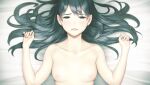  1girl bed_sheet black_hair blush breasts collarbone crying game_cg grey_eyes half-closed_eyes hamashima_shigeo highres konomi_naruko long_hair looking_at_viewer lying medium_breasts minikui_mojika_no_ko nipples nude on_back solo straight_hair sweatdrop tears upper_body 