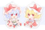  2girls :q apron back_bow bat_wings blonde_hair blue_hair blue_skirt bow character_doll closed_mouth comiket_90 crystal fang flandre_scarlet frilled_skirt frilled_sleeves frills hair_between_eyes hat hat_ribbon izayoi_sakuya keychain looking_at_viewer maid_apron maid_headdress maru_usagi medium_hair mob_cap multicolored_wings multiple_girls open_mouth pink_headwear pink_shirt pink_skirt pointy_ears puffy_short_sleeves puffy_sleeves red_bow red_eyes red_footwear red_ribbon red_skirt red_vest remilia_scarlet ribbon sample_watermark shirt shoe_soles short_sleeves simple_background skirt skirt_set sleeve_ribbon tongue tongue_out touhou vest white_apron white_background white_bow white_headwear white_shirt wings 