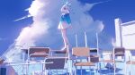  1girl absurdres arona_(blue_archive) blue_archive blue_eyes blue_hair blue_halo blue_shirt blue_sky chair cloud cloudy_sky colored_inner_hair commentary cumulonimbus_cloud day desk full_body hair_over_one_eye hair_ribbon halo hayama_salt highres long_sleeves looking_at_viewer multicolored_hair one_eye_covered open_mouth outdoors pink_hair ribbon school_chair school_desk school_uniform serafuku shirt shoes short_hair skirt sky smile solo standing white_ribbon white_skirt 