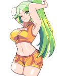  1girl absurdres alternate_costume armpits arms_behind_head arms_up bbycheese bra breasts cleavage cleavage_cutout clothing_cutout cosplay cropped_legs green_eyes green_hair highres kid_icarus large_breasts long_hair metroid midriff navel one_eye_closed orange_bra orange_shorts palutena ponytail samus_aran samus_aran_(cosplay) short_shorts shorts smirk solo sports_bra underwear white_background 