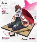  1girl argyle argyle_kimono bahao_diqiu black_pantyhose blue_skin breasts brown_hair character_name checkered_clothes checkered_kimono cherry_blossoms colored_skin commentary copyright_name crossover dango_hair_ornament english_commentary food-themed_hair_ornament full_body girls&#039;_frontline green_skirt hair_ornament heart heart_hair highres japanese_clothes kimono large_breasts long_hair long_sleeves looking_at_viewer official_art oil-paper_umbrella oiran pantyhose promotional_art red_eyes red_umbrella sitting skirt solo torn_clothes torn_pantyhose umbrella yuugiri_(zombie_land_saga) zombie zombie_land_saga 