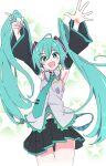  1girl :d aqua_eyes aqua_hair aqua_necktie arms_up black_skirt black_sleeves detached_sleeves hatsune_miku ixy long_hair looking_at_viewer navel necktie open_mouth skirt smile solo thighs twintails vocaloid 