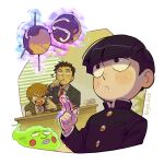  3boys black_eyes black_hair brown_hair buttons closed_mouth commentary eating ekubo_(mob_psycho_100) english_commentary floating food gakuran highres indoors kageyama_shigeo lemoneto levitation long_sleeves looking_up male_focus mob_psycho_100 multiple_boys open_mouth psychic reigen_arataka school_uniform serizawa_katsuya short_hair simple_background spirit takoyaki telekinesis tongue tongue_out white_background 