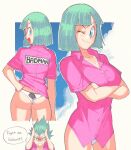  1girl aqua_hair ass blue_eyes blush breasts bulma buttons cleavage clothes_writing cloud crossed_arms dragon_ball dragon_ball_z english_text green_hair hand_on_own_hip highres inkerton-kun large_breasts looking_at_viewer multiple_views one_eye_closed open_mouth panties pink_shirt shirt short_hair short_sleeves sky smile spiked_hair underwear white_panties 