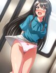  absurdres black_hair blue_shirt blush brown_eyes commentary_request commission cowboy_shot hairband haruna_(kancolle) highres kantai_collection looking_back nose_blush official_alternate_costume open_mouth panties pantyshot pink_panties pixiv_commission shirt skirt sliding_doors underwear unlikely_accident wardrobe_malfunction wavy_hair white_hairband white_skirt zanntetu 