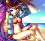  2023 beach bikini breasts cleavage clothed clothing day ear_piercing ear_ring eyewear eyewear_on_head female food genie hair humanoid humanoid_pointy_ears long_hair looking_at_viewer not_furry open_mouth open_smile piercing ponytail popsicle ring_piercing sand seaside shantae shantae_(series) sitting smile solo sunglasses sunglasses_on_head swimwear takuyarawr tan_body tan_skin wayforward 