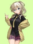  1girl aqua_nails bandaid bandaid_on_clothes black_shirt blonde_hair blue_eyes cardigan highres kasukabe_tsumugi loose_necktie necktie one_side_up open_cardigan open_clothes panda_sasasa shirt solo upper_body voicevox white_leg_warmers yellow_cardigan yellow_necktie 