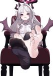  1girl ahoge armchair barefoot black_horns black_thighhighs blue_archive chair demon_horns demon_wings feet foot_focus fukiko_(can_of_miso) grey_hair grin halo hina_(blue_archive) horns long_hair looking_at_viewer multiple_horns no_shoes purple_eyes shirt simple_background single_thighhigh sitting sleeveless sleeveless_shirt smile soles solo thighhighs toes white_background white_shirt wings 