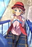  1girl arms_behind_back blonde_hair blue_eyes blue_ribbon blush boots brown_footwear closed_mouth collarbone commentary dress escalator eyelashes hat highres htk_you13 indoors looking_up neck_ribbon pink_dress pokemon pokemon_(anime) pokemon_xy_(anime) raised_eyebrows red_headwear ribbon serena_(pokemon) short_hair smile standing thighhighs watermark 