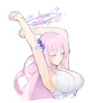  1girl arm_up armpits blue_archive blush breasts closed_eyes dress hair_ornament hair_scrunchie halo highres large_breasts long_hair mika_(blue_archive) pink_hair pink_halo scrunchie shirt smile smugigante stretching white_dress white_shirt 