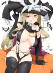  1girl :q bat_(animal) bat_wings bed_sheet black_gloves black_thighhighs blonde_hair blush breasts cape cleavage collarbone covered_nipples elbow_gloves garter_straps gloves groin hat kinako_(mzknk0) large_breasts long_hair looking_at_viewer mole mole_under_mouth navel peace_symbol red_cape red_eyes revealing_clothes senran_kagura senran_kagura_shinovi_versus shiki_(senran_kagura) shiny_skin simple_background sitting skull slingshot_swimsuit smile solo swimsuit thighhighs tongue tongue_out white_background wings witch_hat 