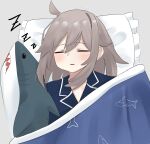  absurdres blanket english_text girls&#039;_frontline highres ikea_shark m200_(girls&#039;_frontline) pajamas pepsi2330 pillow shark simple_background sleeping stuffed_animal stuffed_shark stuffed_toy under_covers zzz 