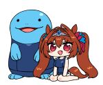  1girl animal_ears barefoot blush breasts brown_hair chan_co chibi clothed_pokemon crossover daiwa_scarlet_(umamusume) fang hair_intakes horse_ears horse_girl horse_tail large_breasts long_hair looking_at_viewer one-piece_swimsuit open_mouth pokemon pokemon_(creature) quagsire red_eyes sitting swimsuit tail tiara twintails umamusume very_long_hair white_background 