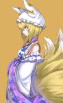 1girl animal_ears animal_hat blonde_hair breasts commentary_request cowboy_shot detached_sleeves fox_ears fox_tail from_side hands_in_opposite_sleeves hat highres jewelry kitsune kyuubi medium_hair mob_cap multiple_tails pendant re_(re_09) simple_background solo tabard tail talisman touhou wide_sleeves yakumo_ran 