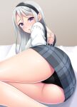  1girl black_hairband black_panties cameltoe commentary_request feet_out_of_frame from_behind grey_eyes grey_hair grey_skirt hairband highres kantai_collection long_hair looking_at_viewer looking_back lying official_alternate_costume on_side panties ruin_re_birth sagiri_(kancolle) skirt solo underwear 