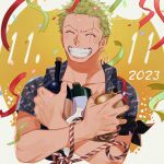  1boy ^_^ bottle closed_eyes confetti cropped_torso dated earrings facing_viewer glint green_hair grin happy happy_birthday jewelry kiyoshita male_focus official_alternate_costume one_piece open_clothes open_shirt roronoa_zoro sake_bottle scar scar_across_eye short_hair single_earring smile solo wine_bottle 