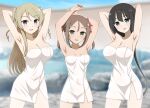  3girls armpits arms_up black_hair blonde_hair blush bow breasts brown_hair green_eyes grey_eyes hair_bow hair_ribbon highres kusunoki_mebuki_wa_yuusha_de_aru large_breasts long_hair looking_at_viewer low_ponytail miroku_yumiko miyoshi_karin mole mole_under_mouth multiple_girls naked_towel onsen red_ribbon ribbon small_breasts smile tougou_mimori towel twintails user_tmwx3385 very_long_hair white_bow yuuki_yuuna_wa_yuusha_de_aru yuusha_de_aru 