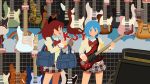  2girls bag black_bow black_skirt blue_eyes blue_hair bow bowtie brown_shirt cropped_feet electric_guitar eoljukko fang food_in_mouth guitar hair_bow high_ponytail highres holding holding_bag holding_guitar holding_instrument instrument looking_at_another mahou_shoujo_madoka_magica miki_sayaka mitakihara_school_uniform multiple_girls open_mouth plaid plaid_skirt pocky_in_mouth price_tag puffy_sleeves red_bow red_bowtie red_hair sakura_kyoko school_uniform shirt shop short_hair shoulder_bag skirt standing 