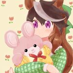  1girl animal_ears brown_hair closed_mouth doll_hug green_shirt highres horse_ears long_hair long_sleeves multicolored_hair object_hug panipuri purple_eyes shirt solo streaked_hair stuffed_animal stuffed_rabbit stuffed_toy symboli_rudolf_(umamusume) umamusume upper_body 