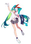  1girl aqua_eyes aqua_hair bag bag_charm black_socks charm_(object) full_body gloves green_hair grey_skirt hat hatsune_miku headphones highres indai_(3330425) long_hair looking_at_viewer multicolored_hair parted_lips pokemon project_voltage psychic_miku_(project_voltage) shirt shoes short_sleeves simple_background single_glove skirt sneakers socks solo twintails very_long_hair vocaloid white_background white_footwear white_gloves white_shirt 