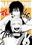  2boys black_hair black_sclera cheek_pull clenched_teeth collarbone colored_sclera ebi_chan_(ebchan) fangs forehead_protector hair_slicked_back hidan_(naruto) jewelry kakuzu_(naruto) male_focus mask multiple_boys naruto naruto_(series) orange_background poll ring scar scar_on_cheek scar_on_face scythe sleeveless smile stitches teeth tongue torn_clothes twitter_username upper_body v veins veiny_arms 