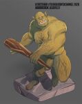  anthro balls barefoot biceps casual_nudity club_(weapon) deltoids feet flaccid foreskin gavel_(artist) genitals green_body hi_res holding_object holding_weapon humanoid humanoid_genitalia humanoid_hands humanoid_penis male manly melee_weapon muscular muscular_anthro muscular_male nipples nude open_mouth orc pecs penis pubes quads simple_background solo weapon 