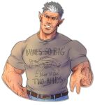  1boy aquiline_nose arm_hair bara beard_stubble charlie_(kon) cheekbones clothes_writing cropped_torso denim earrings facial_hair grey_hair grey_shirt grin head_tilt highres jeans jewelry kon_(yamzokk) large_pectorals looking_at_viewer male_focus mature_male multicolored_hair muscular muscular_male mustache_stubble original pants pectorals pointy_ears seductive_smile shirt short_hair smile solo streaked_hair strongman_waist stubble t-shirt thick_eyebrows unfinished white_hair 