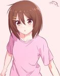  1girl :o absurdres brown_eyes brown_hair collarbone commentary english_commentary hair_between_eyes hair_ornament hairclip highres hirasawa_yui k-on! kurumimi_birb looking_at_viewer parted_lips pink_shirt shirt short_hair short_sleeves simple_background solo t-shirt upper_body white_background 