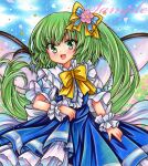 1girl :d blue_background blue_dress blue_sky bow bowtie cowboy_shot daiyousei day dress embellished_costume fairy_wings fang floating_hair flower frilled_cuffs frilled_dress frills green_eyes green_hair hair_bow hair_flower hair_ornament long_hair looking_at_viewer marker_(medium) one_side_up open_mouth outdoors petals pink_flower puffy_short_sleeves puffy_sleeves rui_(sugar3) sample_watermark short_sleeves skirt_hold sky smile solo standing touhou traditional_media very_long_hair white_dress wings wrist_cuffs yellow_bow yellow_bowtie 