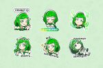  1girl bare_shoulders blush bow braid chibi cyrillic dress green_background green_eyes green_hair hair_bow hair_ornament hairclip hand_on_own_head install! logo long_hair multicolored_hair multiple_views one_eye_closed pantyhose parody partially_translated puffy_short_sleeves puffy_sleeves qiqi_(genshin_impact) rikani russian_text sber-chan sberbank short_sleeves single_braid smile sticker streaked_hair tehepero tongue tongue_out translation_request white_bow white_dress white_footwear white_hair white_pantyhose 