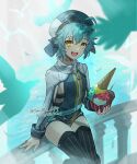  1girl ahoge animal balcony bird dated eiyuu_densetsu falling_feathers feathers flying food hat holding holding_food ice_cream ice_cream_cone jacket looking_at_viewer millium_orion open_mouth saymel679 sen_no_kiseki sen_no_kiseki_iii shorts sitting sleeves_rolled_up smile solo thighhighs twitter_username yellow_eyes 