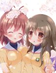  2girls :&lt; ^_^ antenna_hair asymmetrical_docking blunt_ends blurry bow breast_press breasts brown_eyes brown_hair cherry_blossoms clannad closed_eyes commentary_request covered_nipples day depth_of_field eyes_visible_through_hair facing_viewer falling_petals furukawa_nagisa hair_between_eyes hair_bow hair_ornament hairclip haruchimo highres hikarizaka_private_high_school_uniform ibuki_fuuko jacket long_hair long_sleeves looking_at_viewer medium_breasts medium_hair multiple_girls open_mouth outdoors paid_reward_available petals purple_bow sailor_collar school_uniform serafuku side-by-side sidelocks simple_background small_breasts smile upper_body v white_background white_sailor_collar yellow_jacket 
