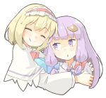  2girls alice_margatroid arnest blonde_hair blue_dress blush capelet closed_eyes closed_mouth crescent crescent_hair_ornament dress hair_between_eyes hair_ornament hairband highres hug lolita_hairband long_hair long_sleeves multiple_girls open_mouth patchouli_knowledge purple_eyes red_hairband short_hair simple_background smile touhou white_background white_capelet 