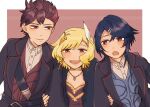  1girl 2boys alcryst_(fire_emblem) blonde_hair blue_hair brothers citrinne_(fire_emblem) diamant_(fire_emblem) earrings feather_hair_ornament feathers fire_emblem fire_emblem_engage fur_trim hair_ornament hairclip jacket jewelry liseeesh multiple_boys necklace official_alternate_costume open_mouth red_eyes red_hair shirt short_hair siblings smile white_shirt 