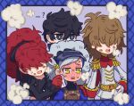  2boys 2girls absurdres afro amamiya_ren andrich_galam blush bright_pupils chibi covered_eyes curly_hair embarrassed epaulettes explosion_gag hair_over_eyes highres lavenza_(persona_5) long_bangs long_hair long_sleeves multiple_boys multiple_girls open_mouth persona persona_5 persona_5_the_royal ponytail red_hair shaded_face uniform white_pupils yoshizawa_kasumi 