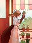  absurd_res anthro apron brown_body brown_fur clothing domestic_cat dress ear_tuft felid feline felis female flower flower_pot flower_shop fur hair hi_res holding_object mammal morgdl plant saoirse_(allen_fuller) solo solo_focus store story story_in_description tuft white_hair 