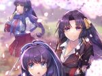  3girls :o arm_under_breasts black_hair blue_bow blue_eyes blue_hair blurry blurry_background bow breasts capelet cherry_blossoms cleavage closed_mouth commentary_request company_connection crossover dango day dress dress_shirt eating eyelashes falling_petals floating_hair food green_eyes hair_between_eyes hair_bow hair_intakes hair_ribbon hairstyle_connection hanami holding holding_food inagiri_yunou kanon kawasumi_mai key_(company) konohana_lucia kurugaya_yuiko large_breasts lips little_busters! long_hair looking_afar looking_at_viewer low_ponytail multiple_crossover multiple_girls outdoors parted_bangs petals ponytail purple_bow purple_eyes red_dress rewrite ribbon sanshoku_dango school_uniform shirt short_dress sidelocks smile standing straight-on very_long_hair wagashi white_capelet white_shirt yellow_bow yellow_ribbon 