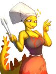  5_fingers anthro blep bottomwear bow_ribbon breasts chef_hat cleavage clothed clothing colored cooking_with_tracy daddyvap dinosaur female fingers hat headgear headwear hi_res holding_object holding_tongs holding_tool long_tail reptile scales scalie shirt simple_background skirt smile snout solo sparkles spiked_tail spikes spikes_(anatomy) tail tank_top teeth tendocake tongs tongue tongue_out tools topwear tracy_(cwt) white_background yellow_body yellow_scales 
