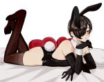  1boy animal_ears black_gloves black_hair black_necktie black_thighhighs blush brown_eyes closed_mouth detached_collar elbow_gloves fake_animal_ears gloves hair_over_one_eye hand_on_own_chin heart heart_pillow highres kurosu_jun looking_to_the_side lying male_focus male_playboy_bunny necktie on_stomach otoko_no_ko persona persona_2 pillow rabbit_boy rabbit_ears rabbit_tail risuko.exe_(artist) short_hair solo tail the_pose thighhighs wrist_cuffs 