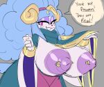  2023 absurd_res anthro areola ariem_(sonic) big_areola big_breasts big_hair big_nipples blue_body blue_fur blue_hair blush blush_lines bovid breasts caprine countershading curved_horn dedoggyskullz english_text exposed_breasts female fur hair hi_res horn huge_areola huge_breasts huge_nipples looking_at_viewer mammal nipple_piercing nipples piercing pink_eyes poofy_hair pupils purple_areola purple_nipples purple_pupils sega solo sonic_dream_team sonic_the_hedgehog_(series) text white_body white_countershading white_fur 