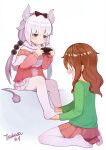  2girls artist_name beads blue_eyes blunt_bangs blush bow brown_hair closed_mouth commentary_request dated from_side green_shirt hair_beads hair_ornament hairband handheld_game_console holding holding_another&#039;s_foot horns jitome kanna_kamui kobayashi-san_chi_no_maidragon light_purple_hair long_hair long_sleeves looking_at_another looking_down low_twintails multiple_girls no_shoes o_o open_mouth pantyhose pleated_skirt saikawa_riko shirt sidelocks simple_background sitting skirt tail tsubasa_tsubasa twintails wariza white_background white_pantyhose yuri 