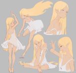  1girl absurdres barefoot blonde_hair breasts collarbone commentary cropped_torso dress eccomicco english_commentary feet flat_color from_behind full_body highres knee_up long_hair looking_at_viewer looking_back looking_to_the_side monogatari_(series) multiple_views oshino_shinobu sitting sketch small_breasts soles solo sundress thighs toes white_dress yellow_eyes 