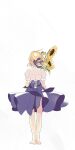  1girl 87banana ahoge artoria_pendragon_(fate) barefoot blonde_hair blouse blue_bow blue_dress bow braid dress fate/stay_night fate_(series) flower french_braid from_behind hair_bow hair_bun highres holding holding_flower saber shirt solo sunflower white_shirt wind 